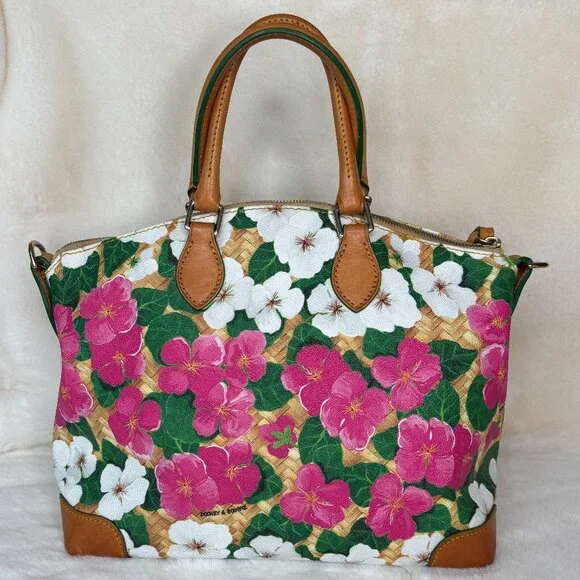 Dooney & Bourke Pink & White Pansy Flower Design With Basketweave Satchel - Picture 4 of 16